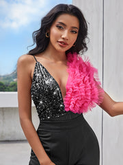 Sequin Frill Trim Plunging Neck Bodysuit