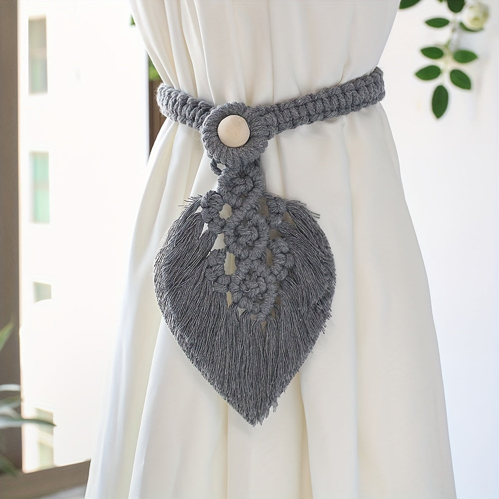 Bohemian Curtain Straps with Tassels & Leaf Shape Wooden Bead Tieback