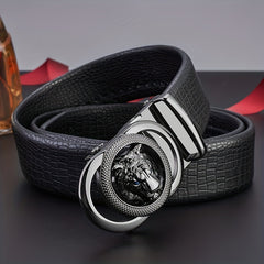 Men's Calfskin Leather Lion Head Buckle Belt Snake Pattern Business Belt