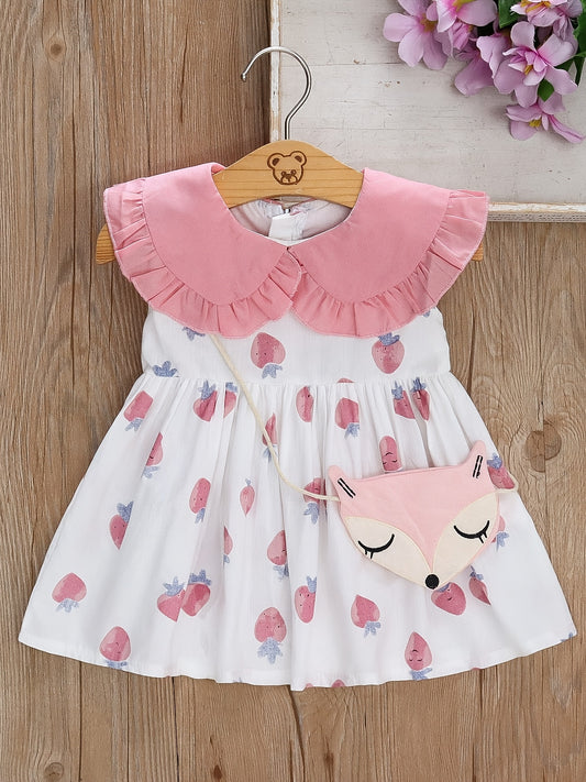 2pcs Girls Strawberry Sleeveless Doll Collar Summer Dress & Bag Set Clothes