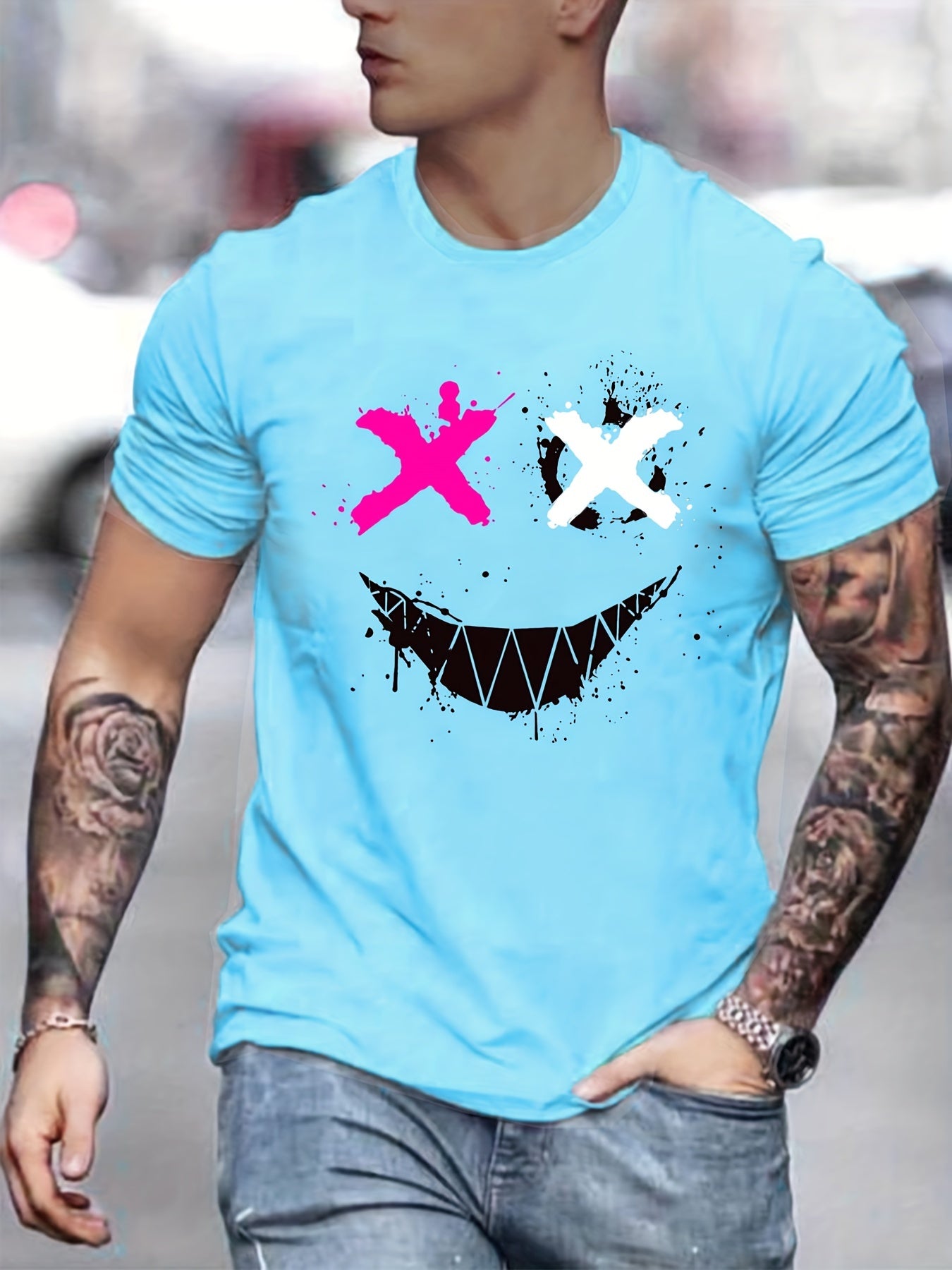Cross Eyes Smile Face Print Men's Graphic T shirt Casual Comfy Tees