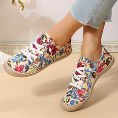 Flower Pattern Canvas Lace-Up Flat Sneakers for Women