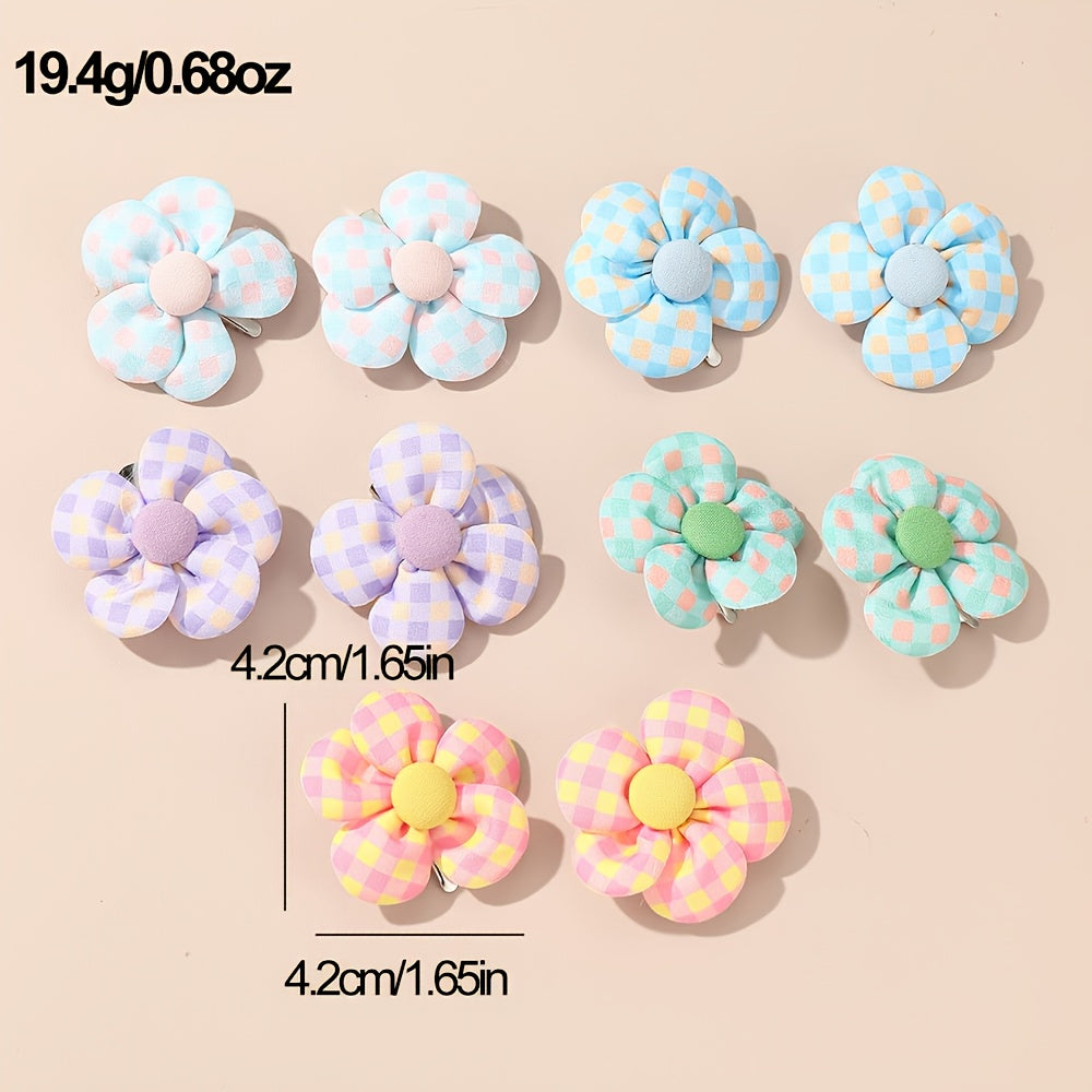 10pcs Girls Plaid Pattern Flower Hair Clips Side Clip Hair Accessories