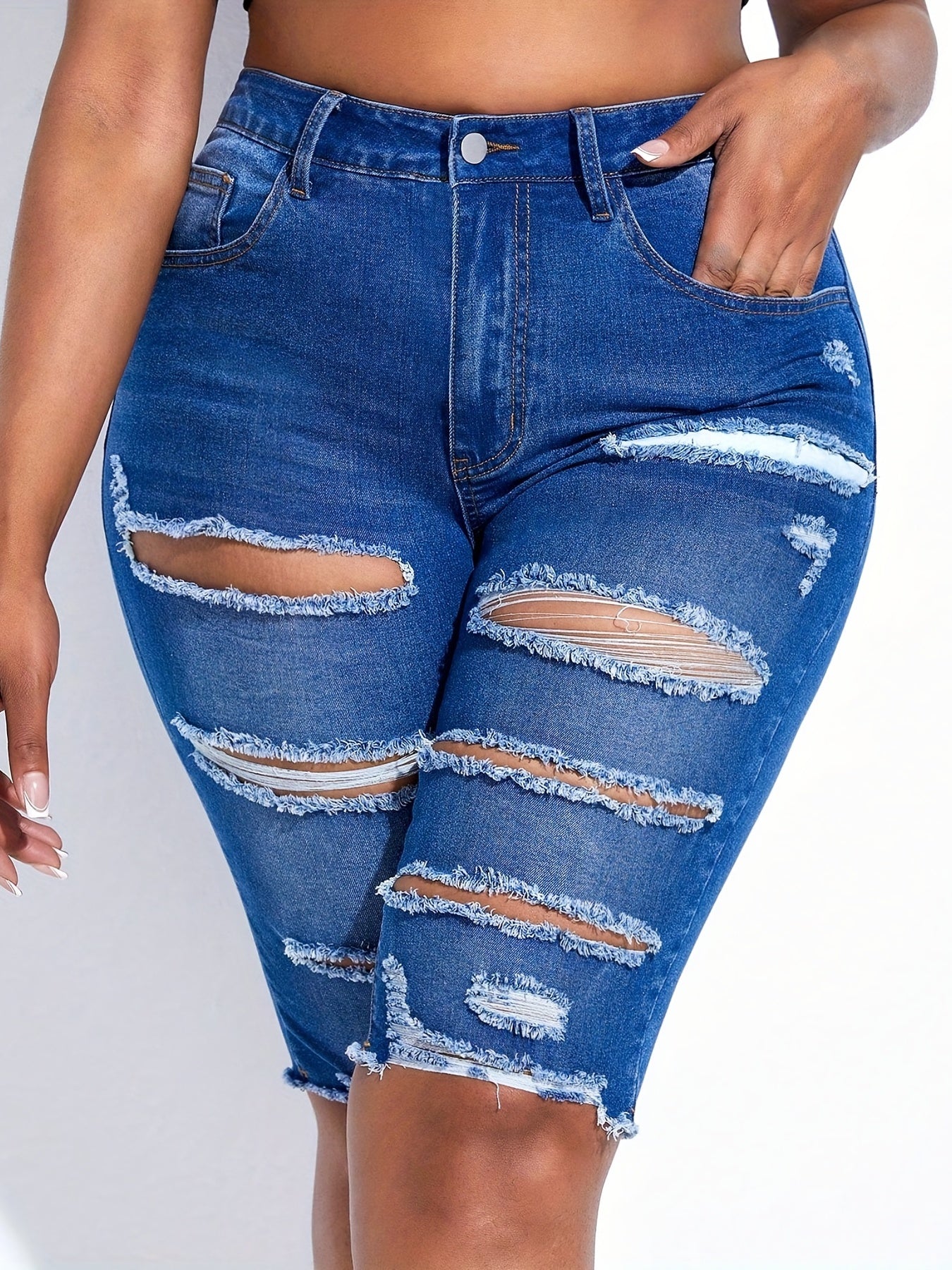  Solid Ripped Fringe Trim Skinny Denim Shorts