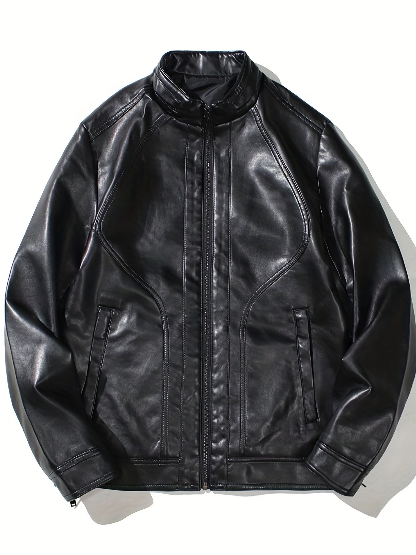 Men's PU Leather Motorcycle Jacket Stand Collar Zipper Closure