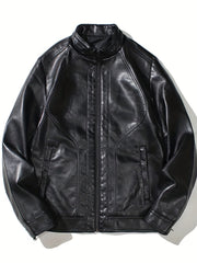 Men's PU Leather Motorcycle Jacket Stand Collar Zipper Closure
