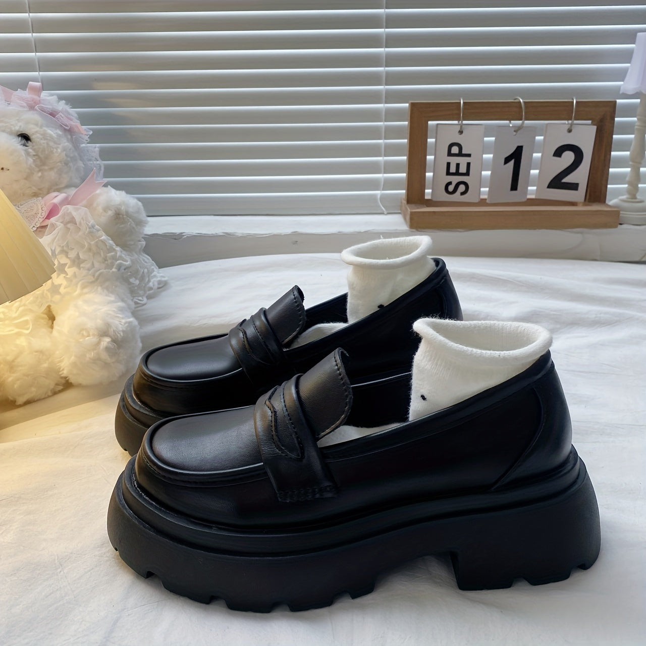 Women's Platform Loafers Slip On Shoes Preppy Style Faux Leather