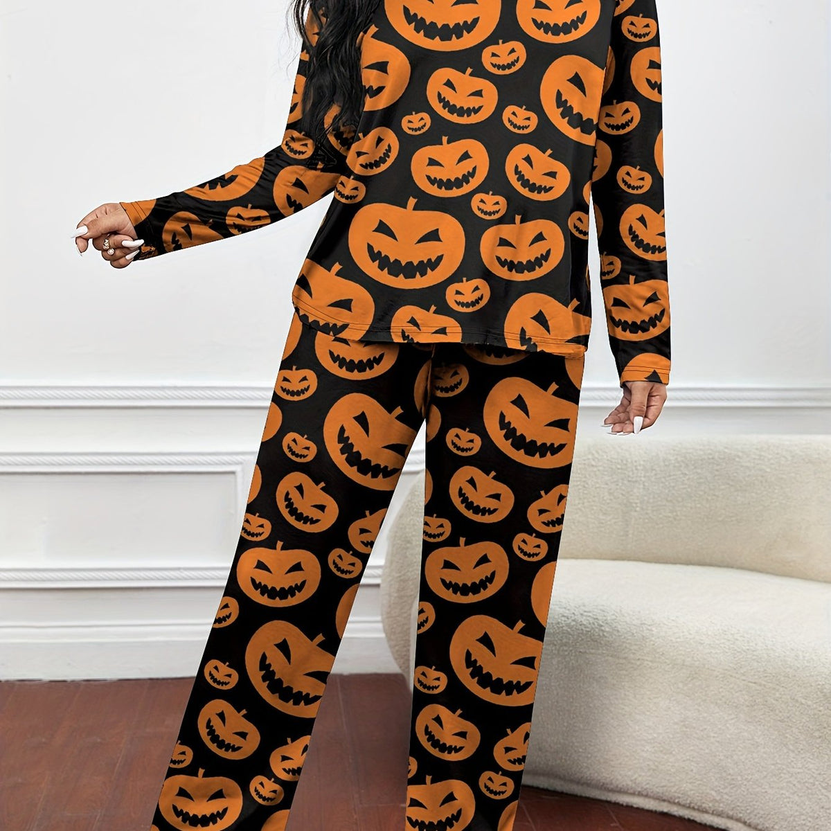  Pumpkin Print Pajamas Set Halloween Lounge 2 Piece