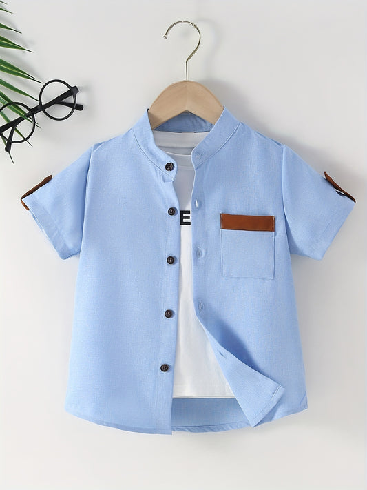 Boys Button Down Shirt Short Sleeve Stand Collar Tee Tops