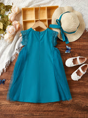 Toddler Girls Lace Trim Princess Dress & Straw Hat Set