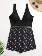  Ditsy Floral Mesh V Neck One Piece Swimsuit