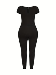 Casual Crew Neck Jumpsuit Drawstring Short Sleeve Solid