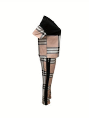 Casual Plaid 2pc Set Short Sleeve T shirt & High Waist Pants Outfit