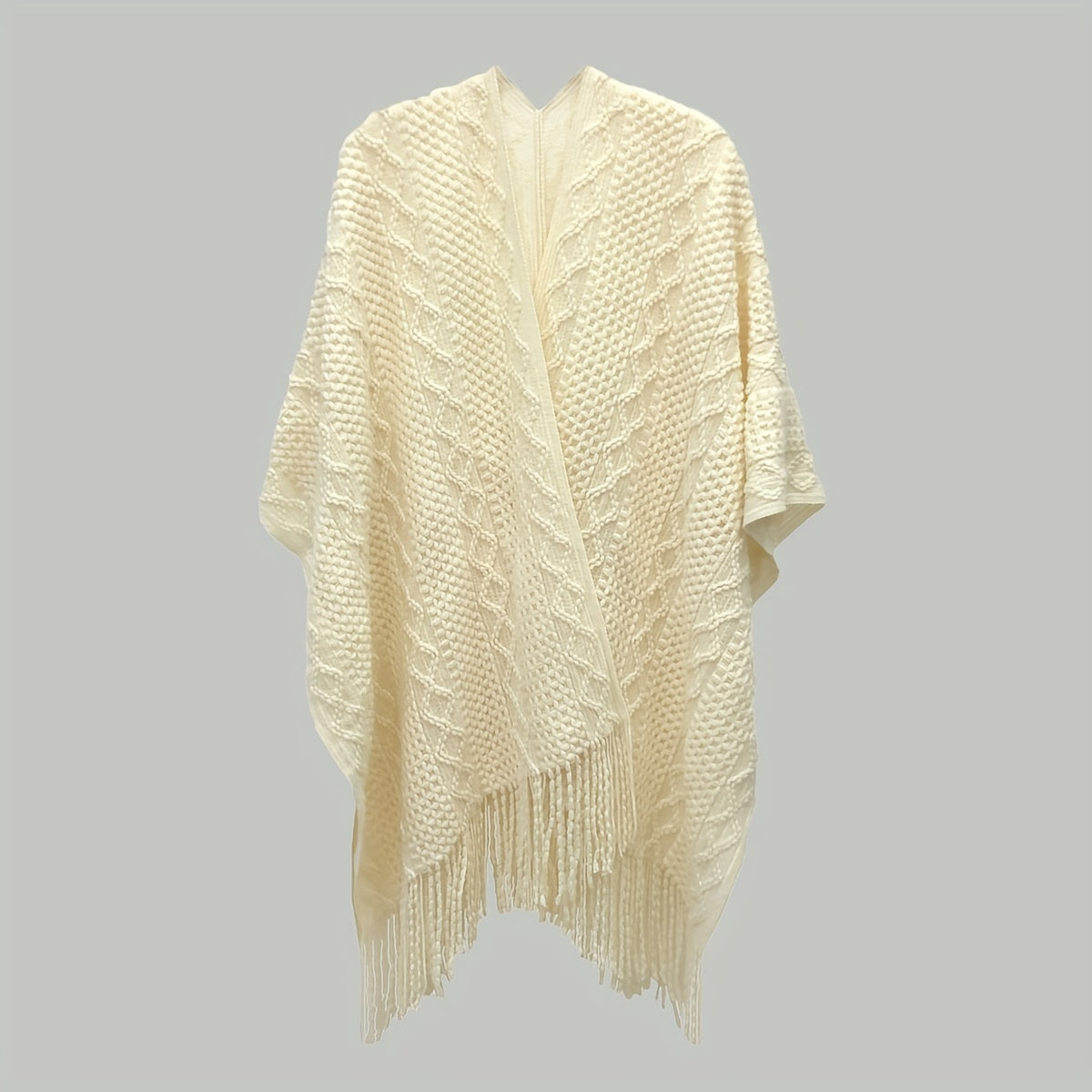 Beige Knitted Shawl Tassel Wraps Classic Warm Cape Plaid Cardigan