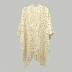 Beige Knitted Shawl Tassel Wraps Classic Warm Cape Plaid Cardigan