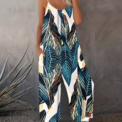 Leaf Print Wide Leg Jumpsuit Sleeveless Spaghetti Strap