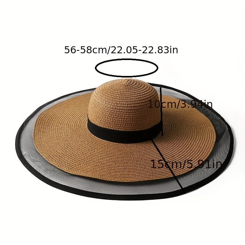 Oversized Mesh Brim Sun Hat Solid Vintage Straw Floppy Summer Travel
