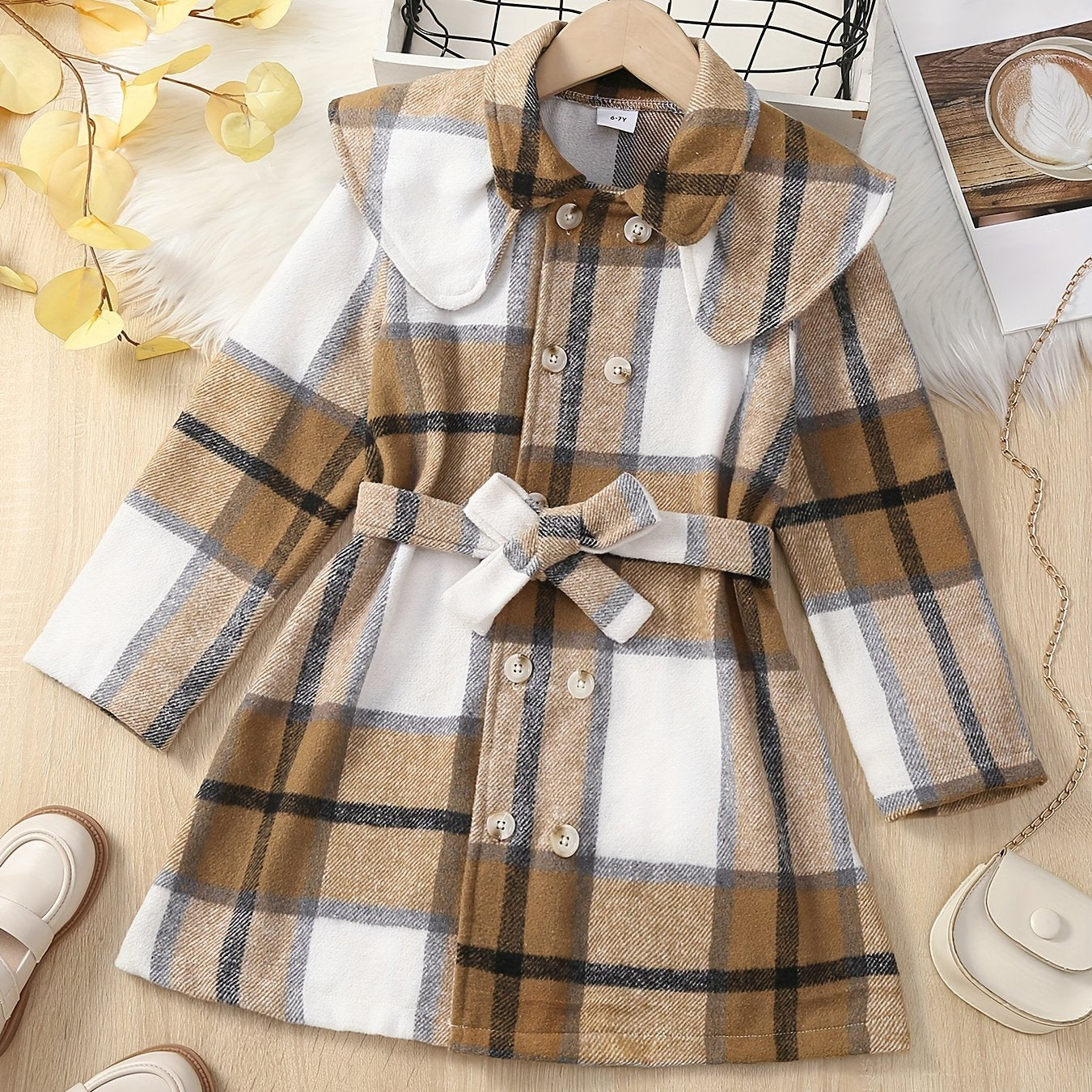 Girls Plaid Pea Coat Round Collar Double Breasted Overcoat