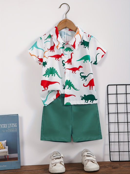 2pcs Boys Dinosaur Print Shirt & Shorts Set Kids Summer Clothes