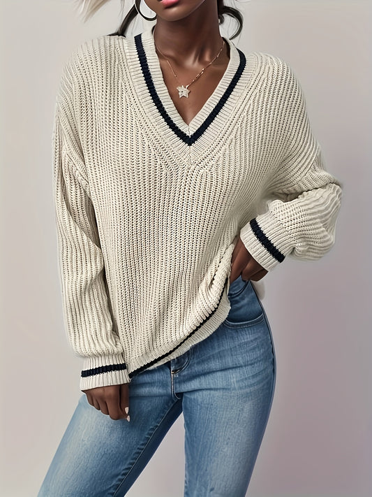 Striped Trim Knit Sweater V Neck Long Sleeve