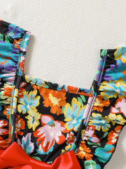 Girls Floral Print Ruffle Sleeve Rompers