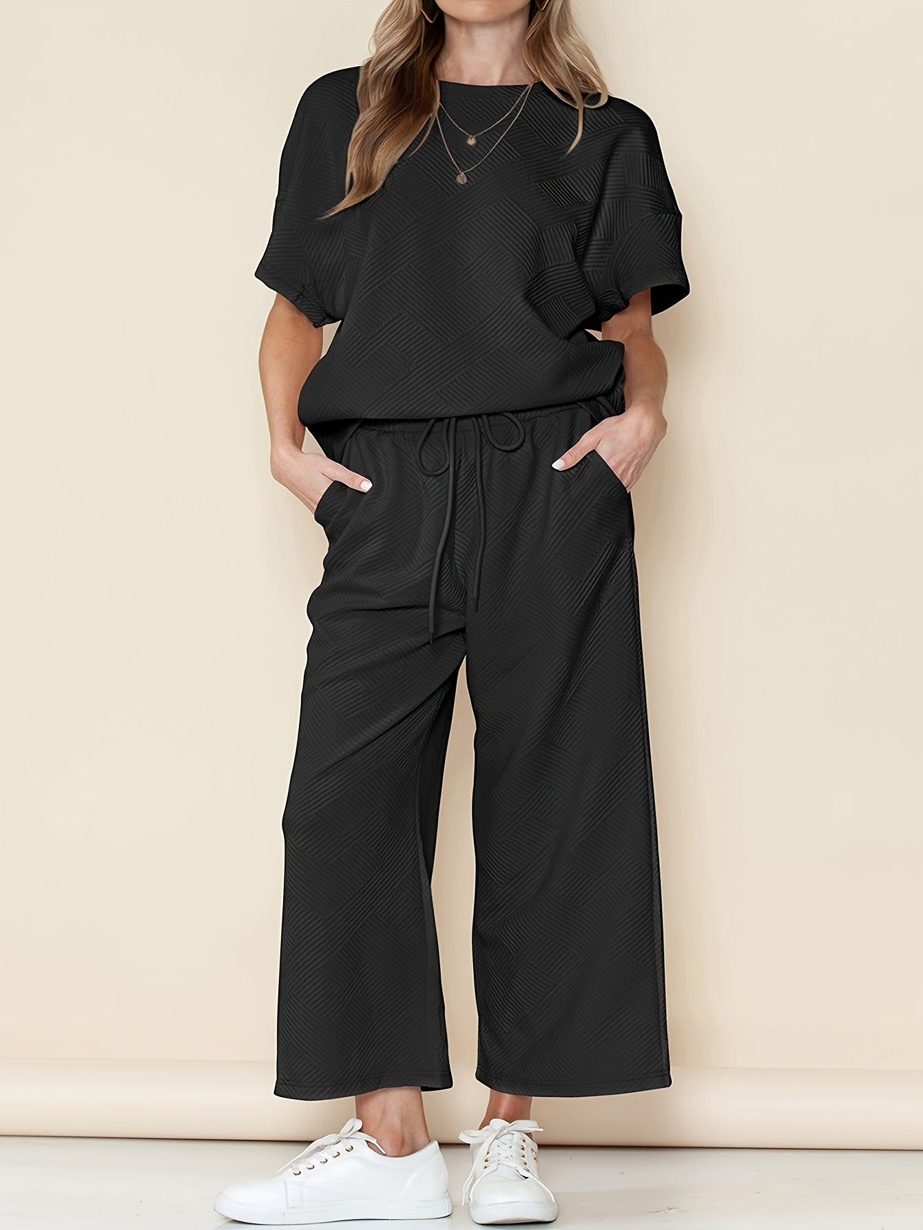  Solid Short Sleeve Round Neck Top & Wide Leg Pants Outfit Set