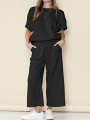  Solid Short Sleeve Round Neck Top & Wide Leg Pants Outfit Set