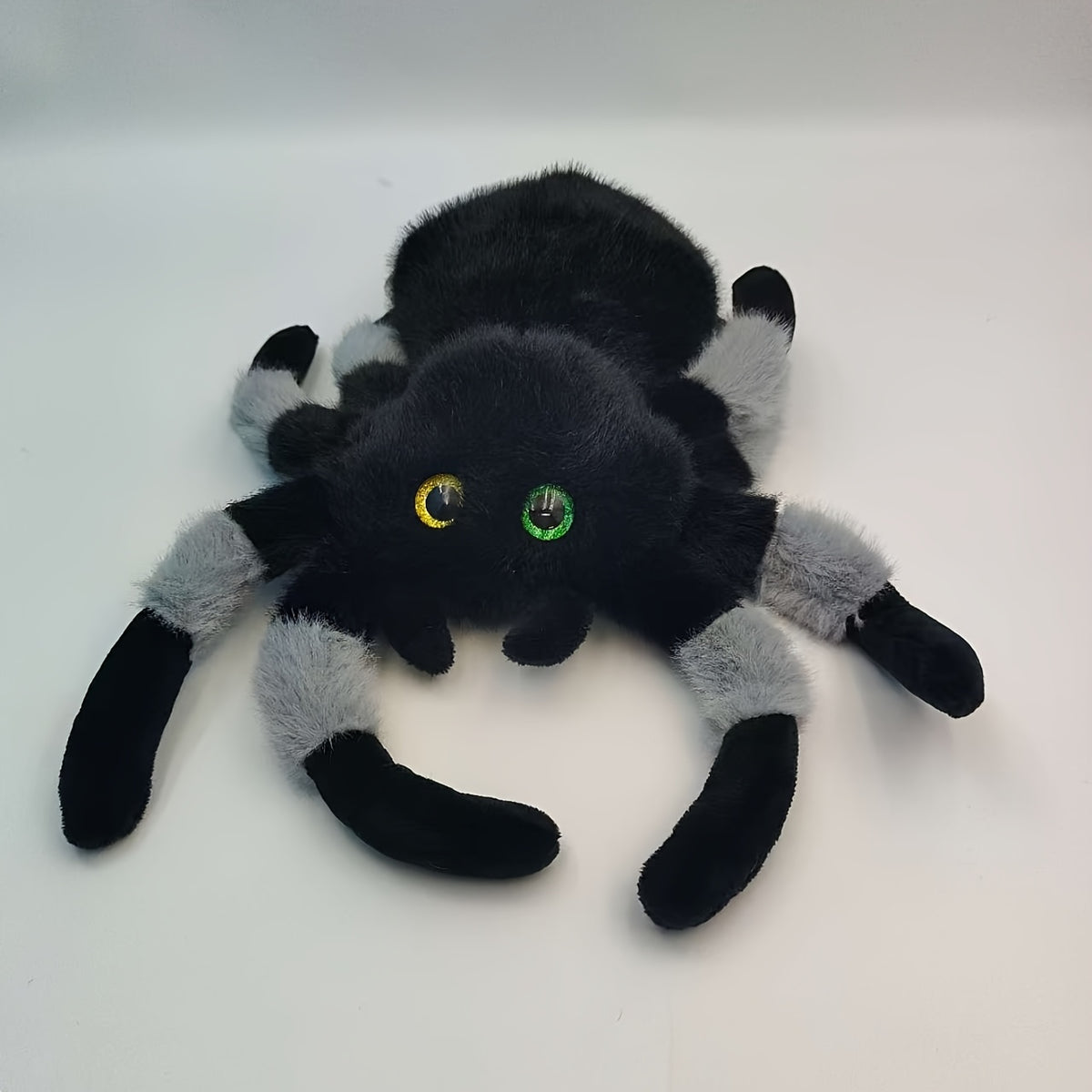 Plush Spider Toy with Colorful Eyes Soft Fluffy & Grey Body Long Legs Home Decor