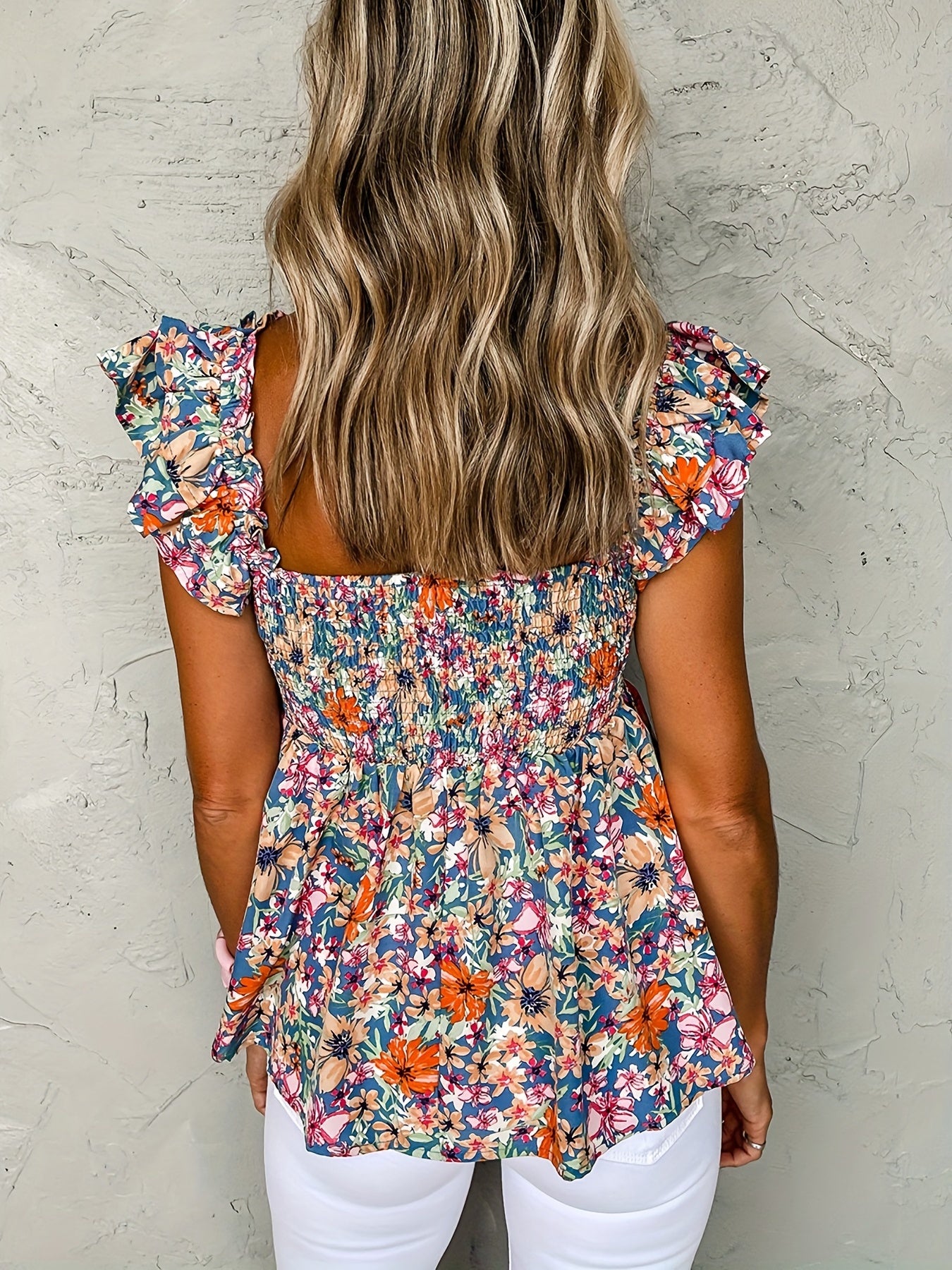 Floral Print Peplum Blouse Sweetheart Neck Casual Top