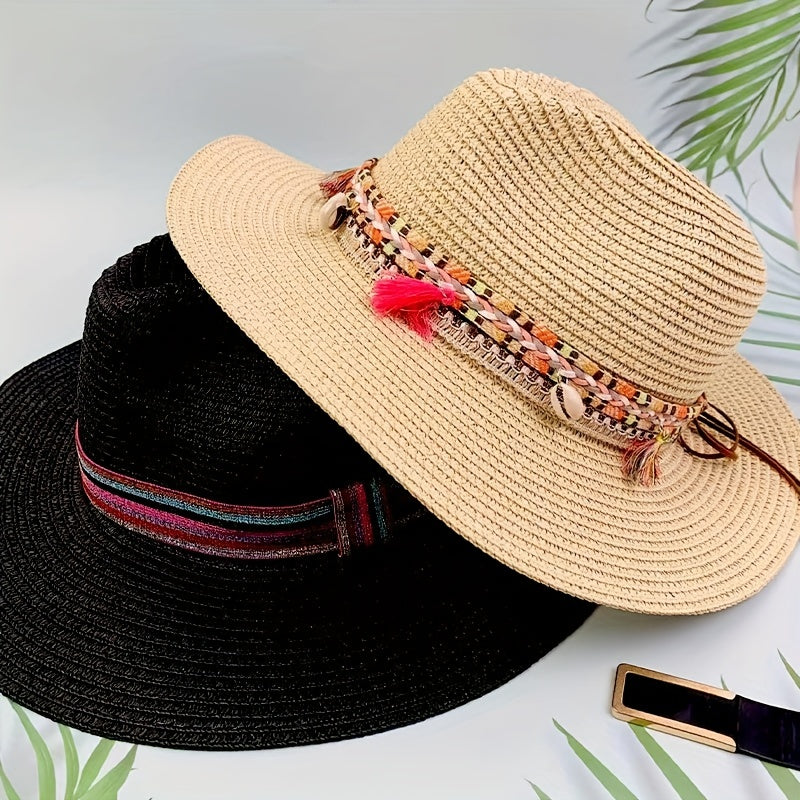 Men's Paper Straw Hat Elegant Flat Brim Sun Hat Beach Jazz Hat