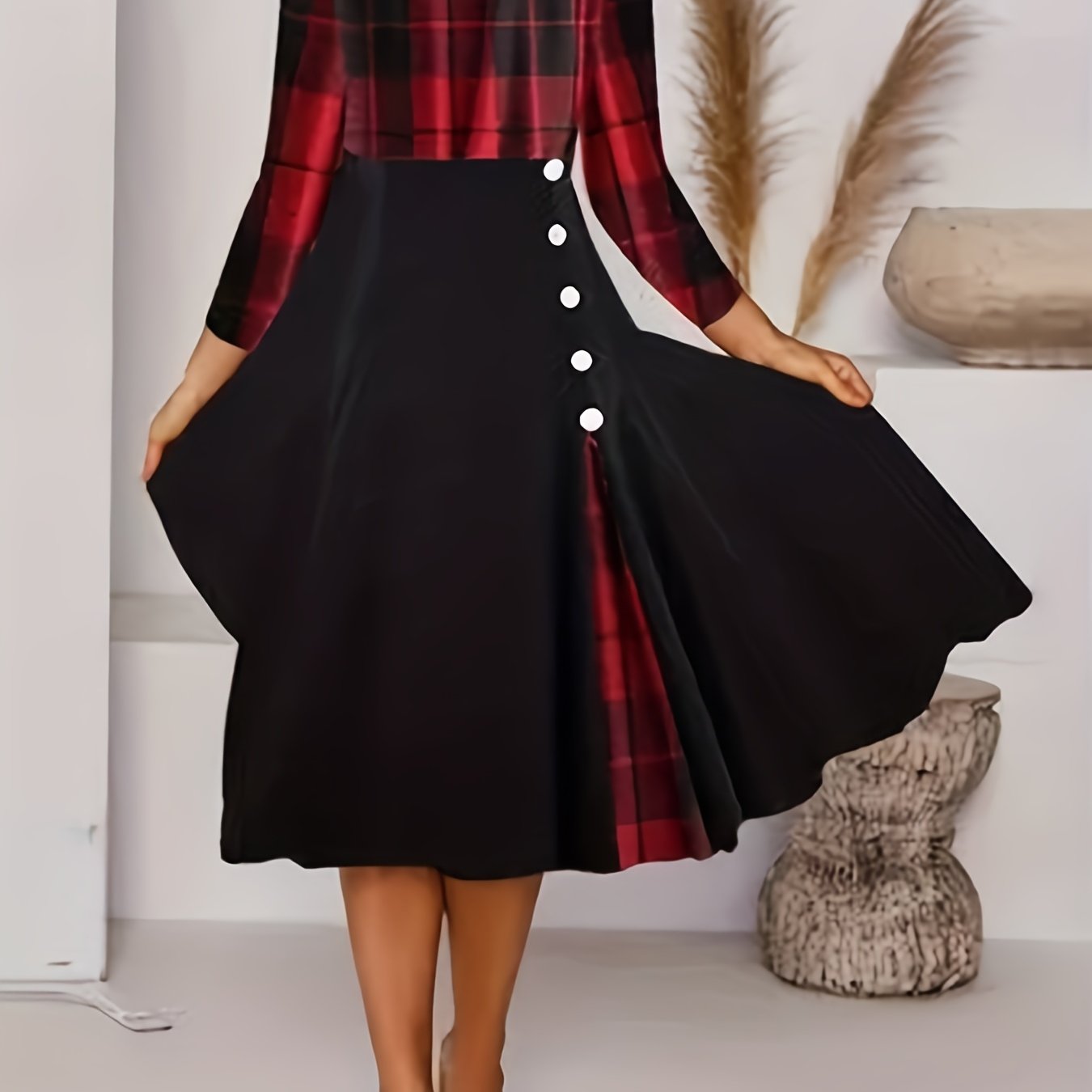  Colorblock Plaid Print Button Decor Dress