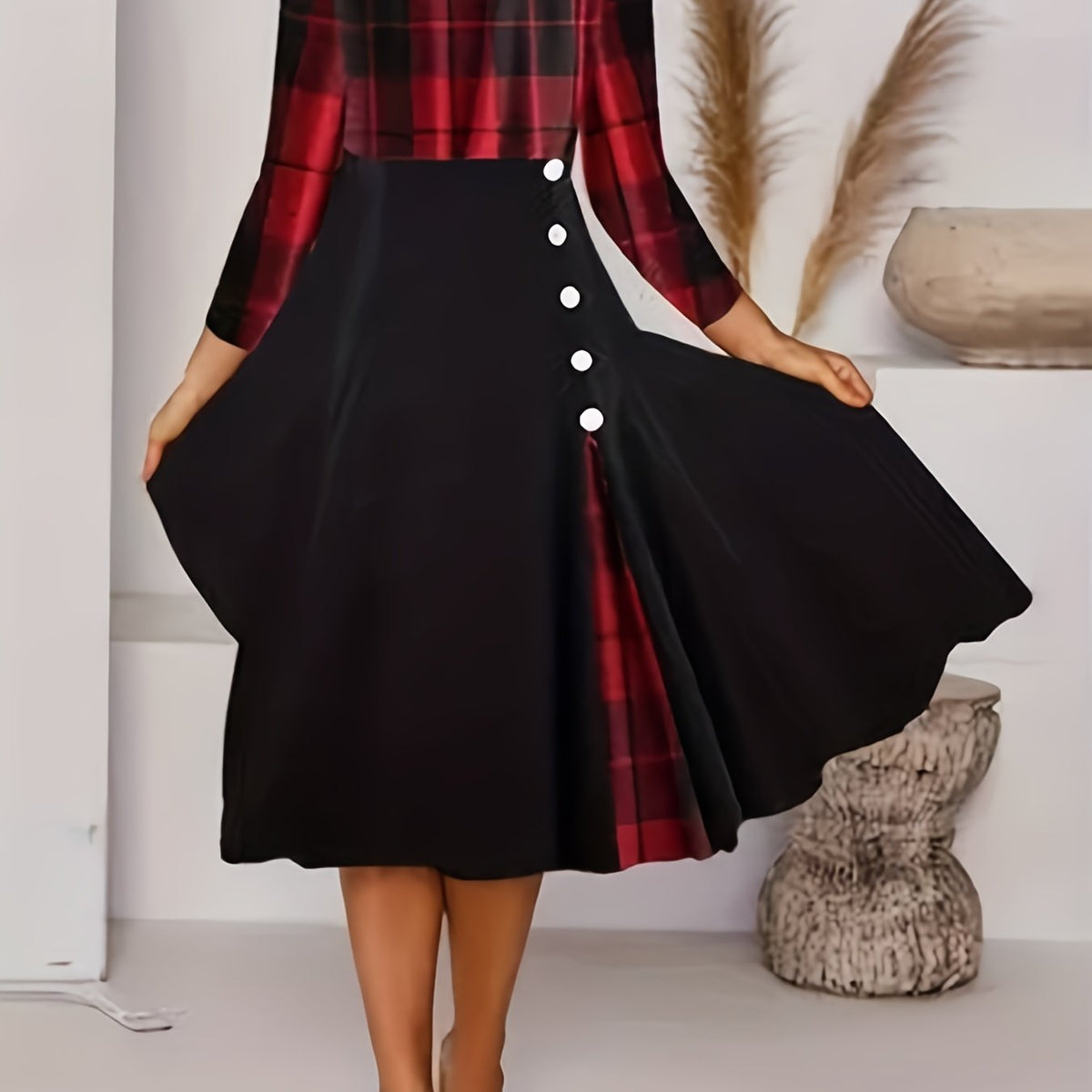  Colorblock Plaid Print Button Decor Dress