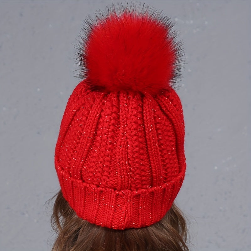 2pcs Beanie & Scarf Set Winter Warm Pompom Knit Hat & Ribbed Loop Scarf