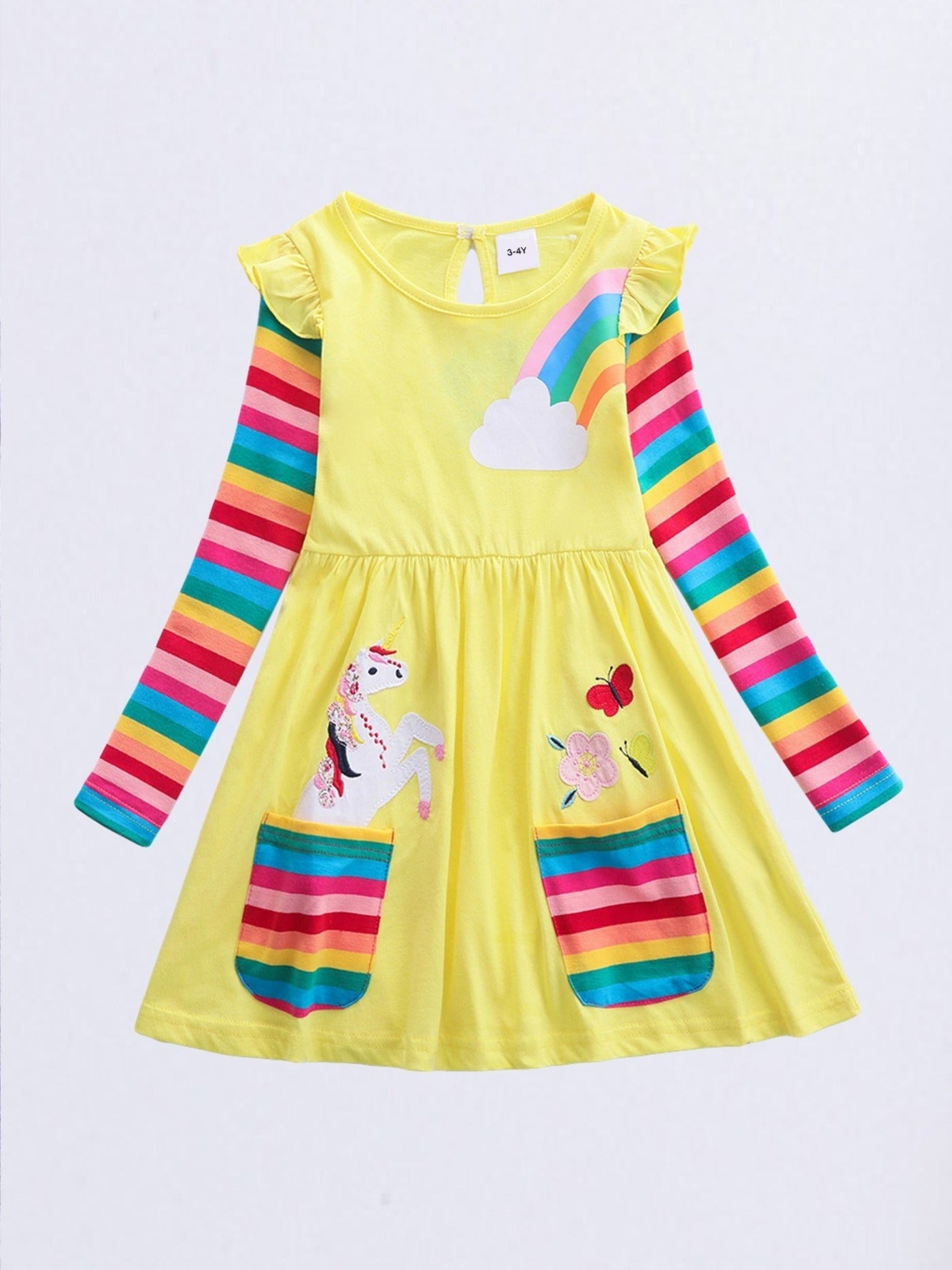 Girls Unicorn Embroidered Dress With Pockets