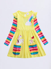 Girls Unicorn Embroidered Dress With Pockets