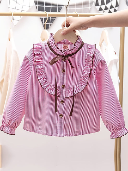 Girls Striped Preppy Shirt Button Down Bow Blouse