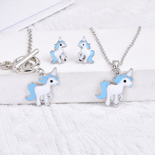 Unicorn Pendant Necklace & Earrings & Bracelet Set - Gift for Girls