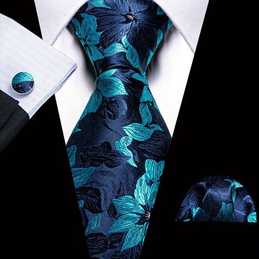 Barry Wang Vintage Men's Tie Set Silver Floral Jacquard Party