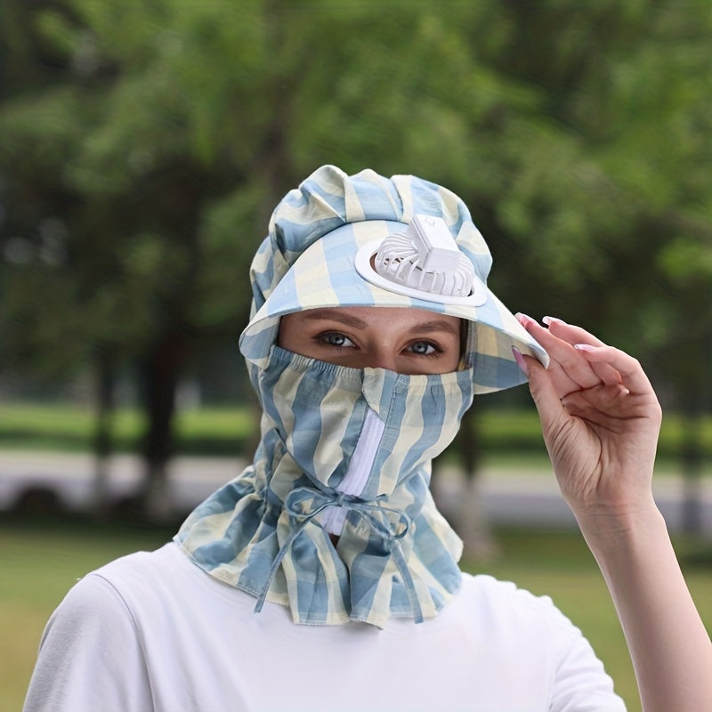 Plaid Print Fan Sun Hat with Neck Gaiter and Face Covering