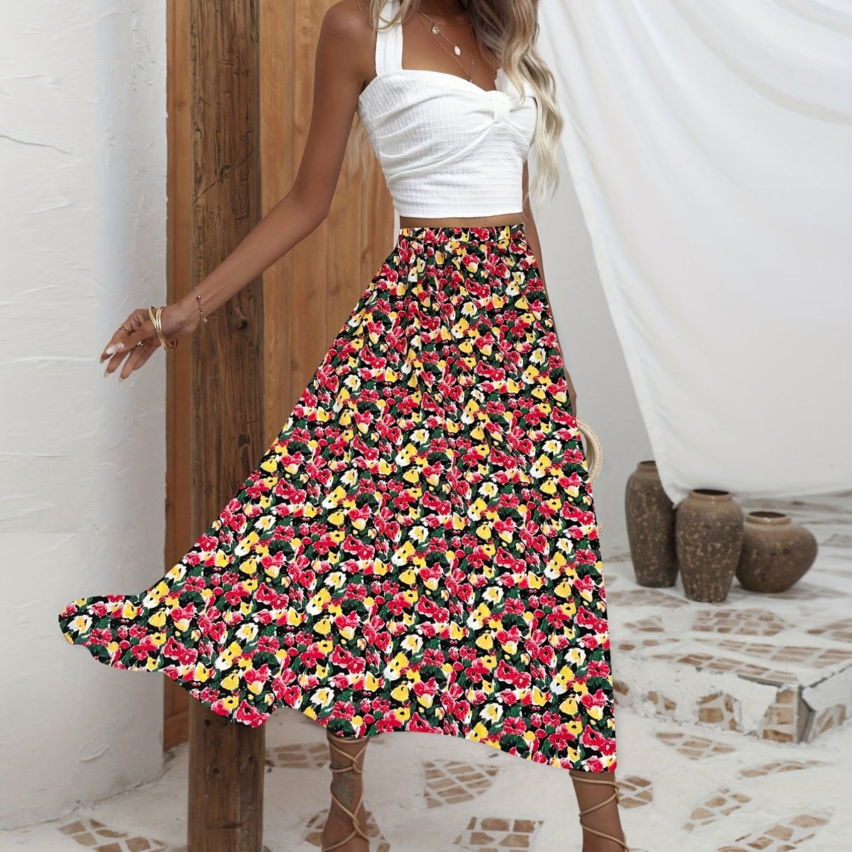 Boho Floral A Line Skirt High Waist Women's Clothing