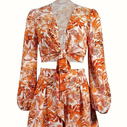 Leaves Print Two-piece Set Tie Front Crop Top & Shorts Outfit