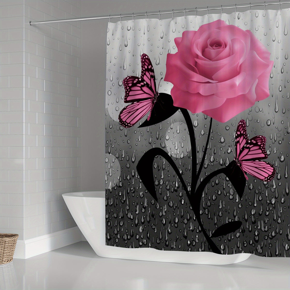 Romantic Pink Rose Butterfly Shower Curtain Set