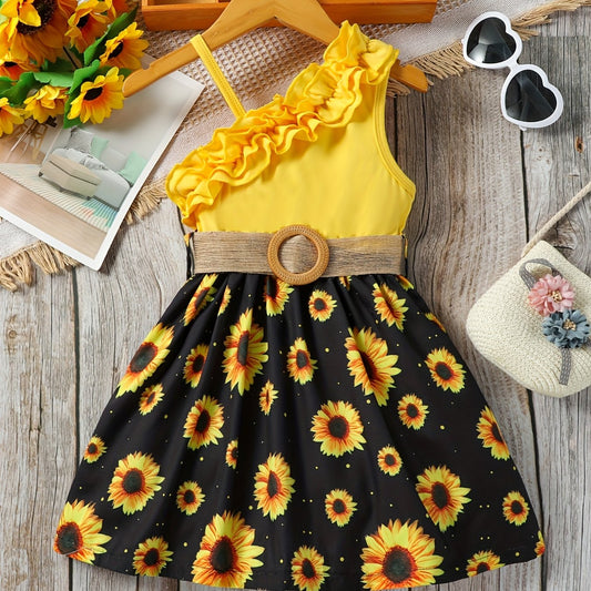 Toddler Girls Ruffle Trim Sunflower Dress Belted Princess Dress