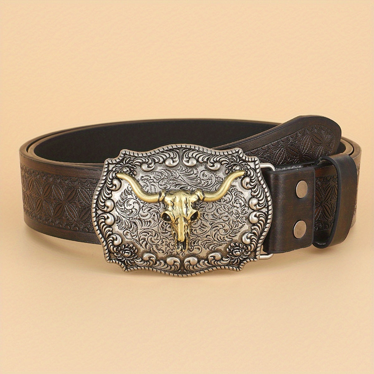 Vintage Coffee Cowboy Belt with Animal Head Buckles