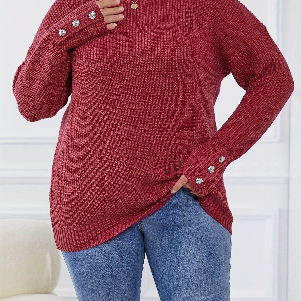  Casual Sweater Women's Button Long Sleeve Round Neck Jumper