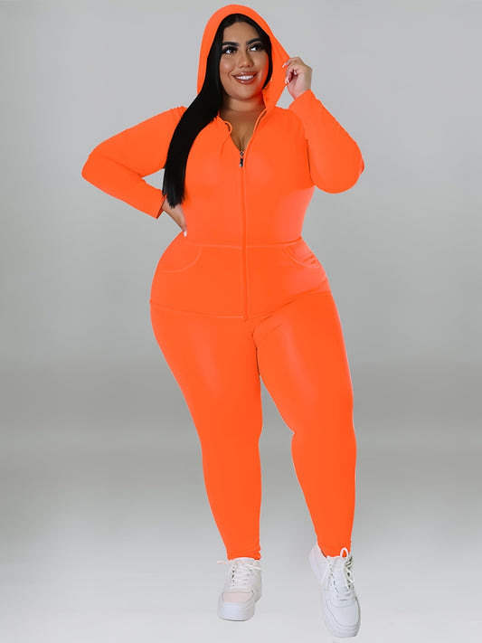  Solid Hoodie & Leggings Set Women's Plus High Stretch Casual 2pcs Set
