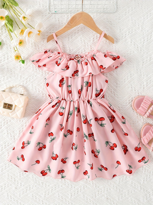 Girls Cherry Print Ruffle Shoulder Sleeveless Dress for Summer