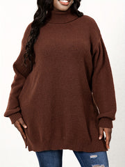  Turtle Neck Knit Side Slit Sweater Women's Plus Solid High Stretch