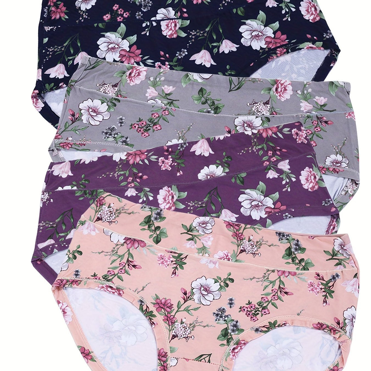 4 Pack Plus Size Panties Set Women's Plus Floral Print High Stretch Briefs