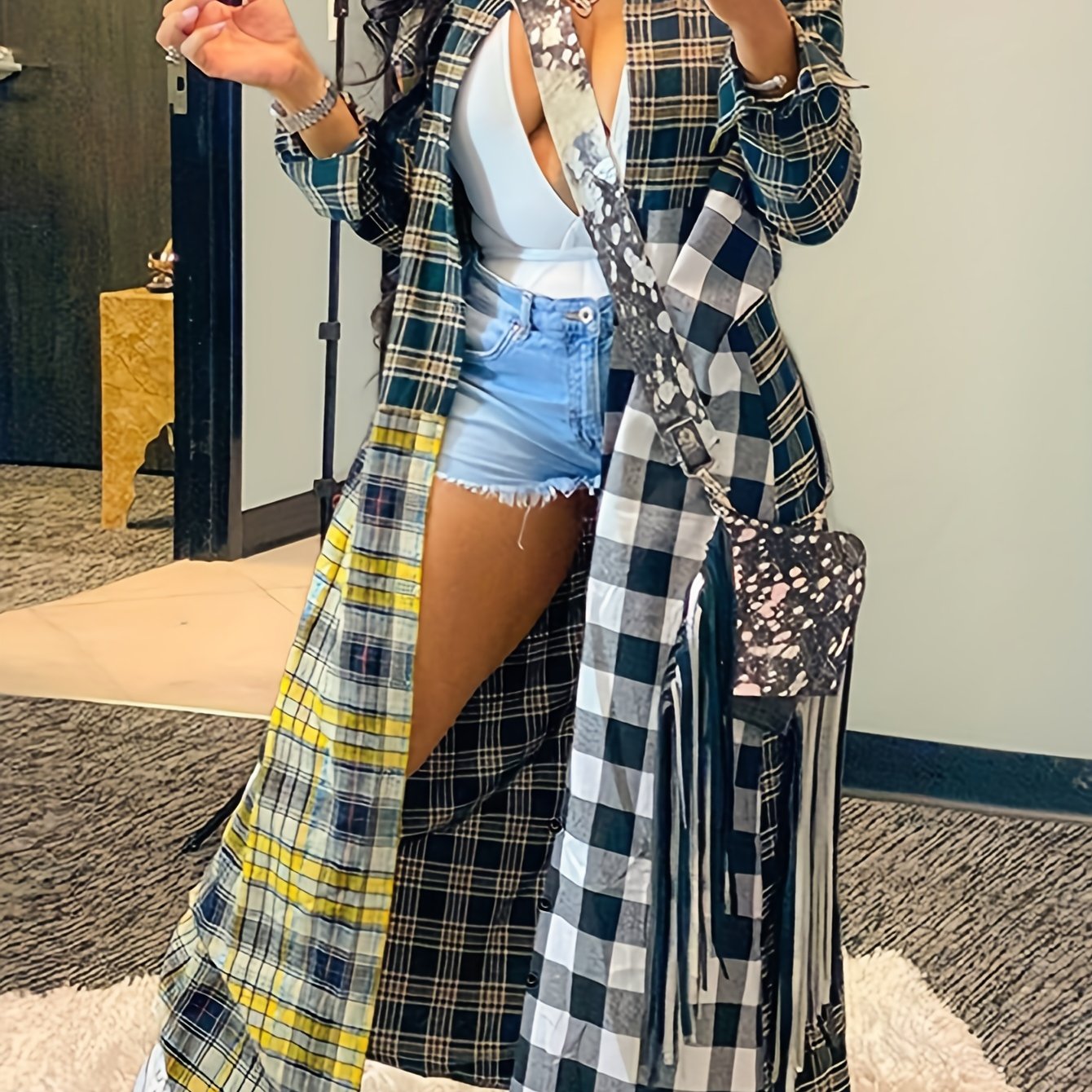 Plaid Long Line Coat Button Down Open Front Coat Women's Clothing